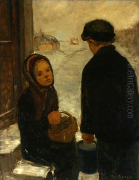 Two children in a winter landscape. Oil Painting by Christian Aigens