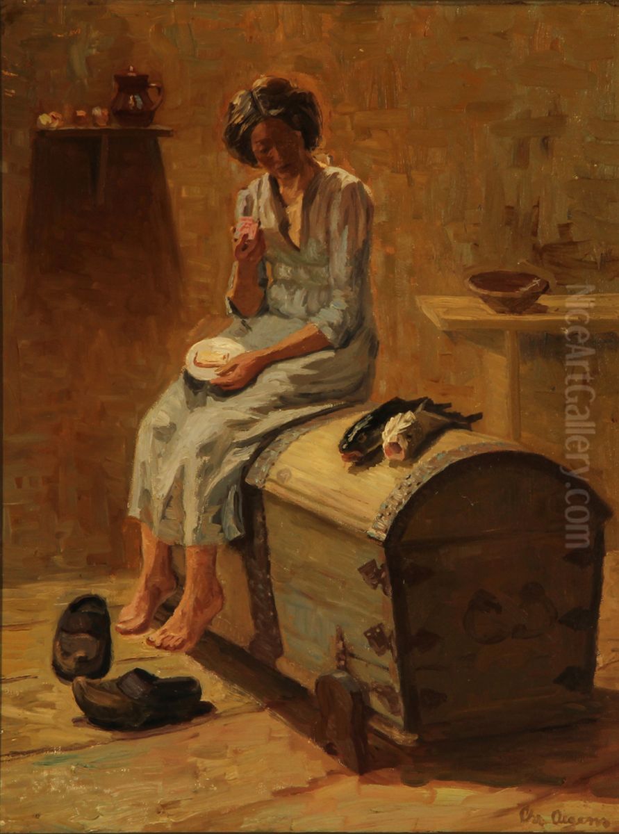 A young woman in a farmhouse interior. Oil Painting by Christian Aigens