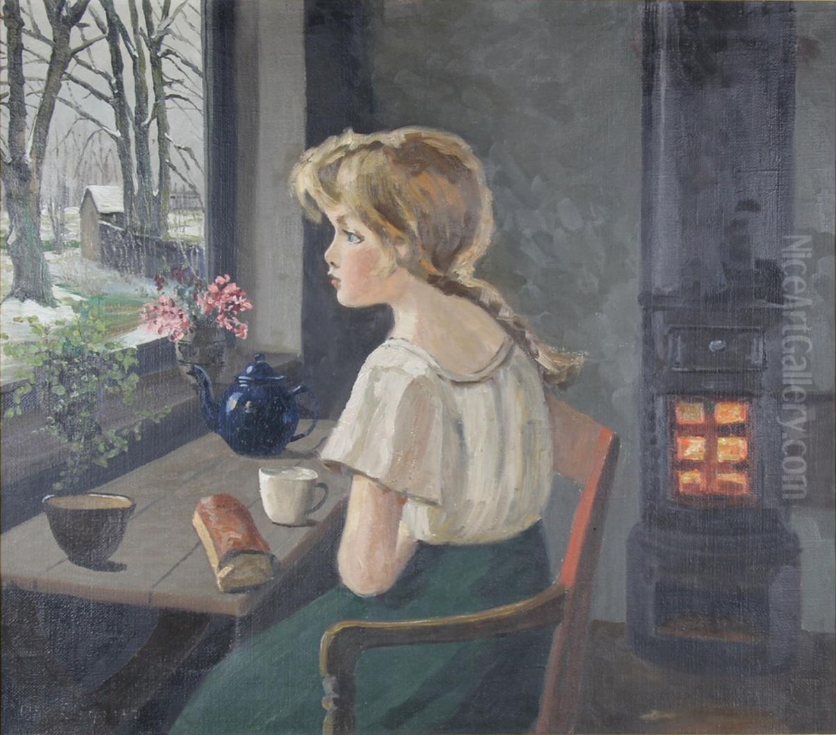 Wintertime interior with a young woman. Oil Painting by Christian Aigens