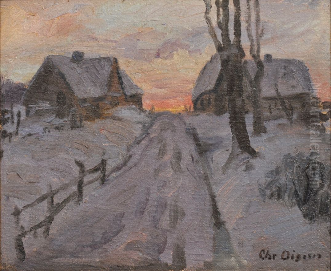 Vinterparti med huse. Oil Painting by Christian Aigens