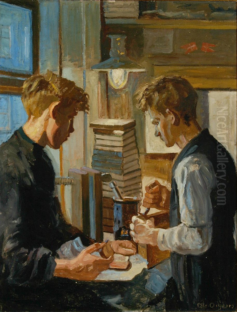 Vaerkstedsinterior. Tidlig Vintermorgen. Oil Painting by Christian Aigens