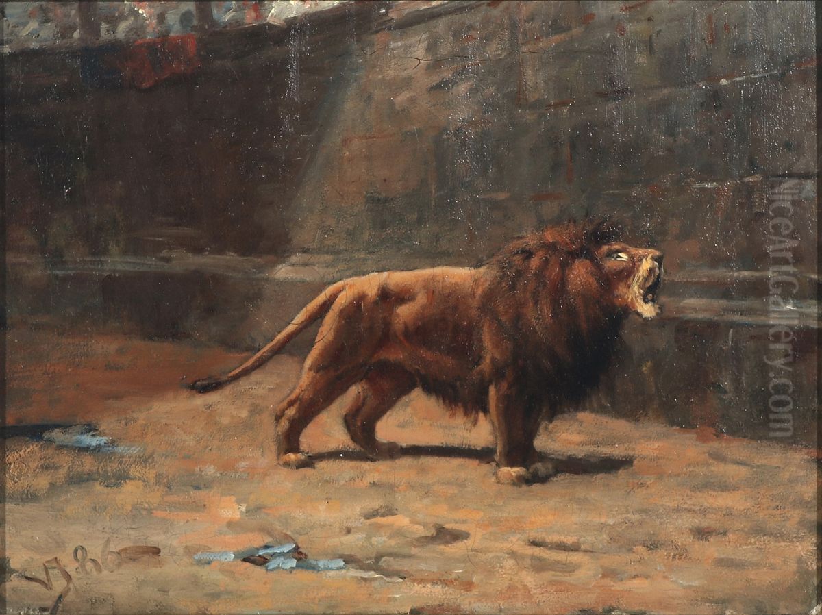 A roaring lion in the Colosseum. Oil Painting by Valdemar Irminger
