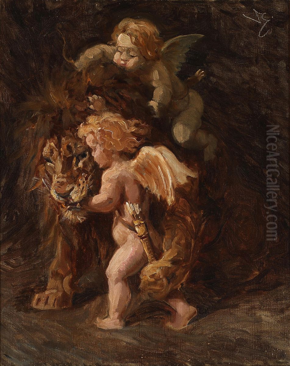 Cupids pestering an old lion Oil Painting by Valdemar Irminger Cupids pestering an old lion Oil Painting by Valdemar Irminger