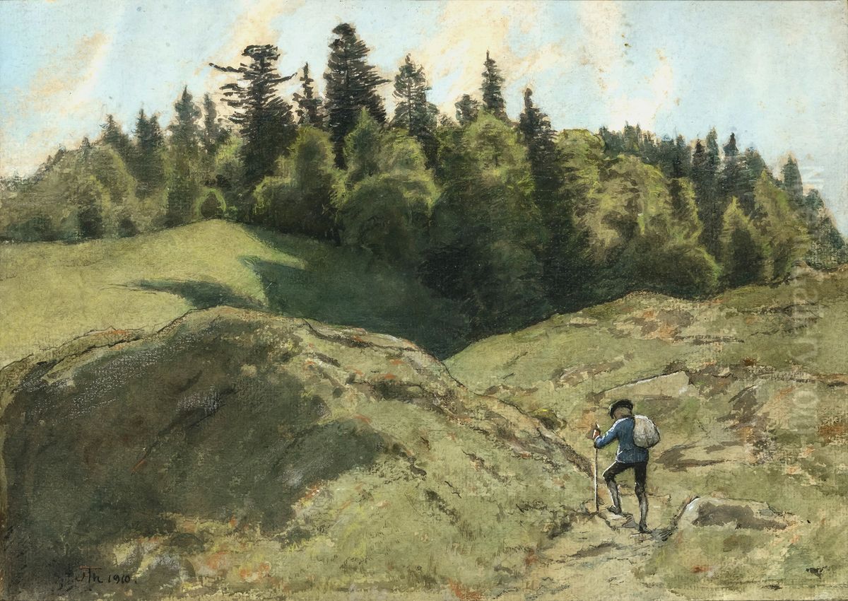 Wanderer in hugeliger Landschaft Oil Painting by Hans Thoma
