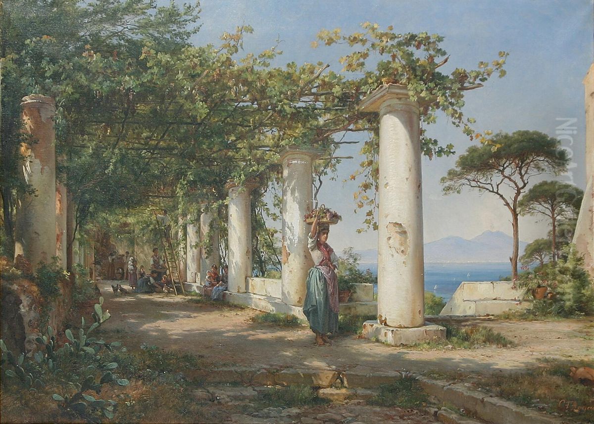 An Italian scenery from a pergola with Vesuvius in the background. Oil Painting by Carl Frederik Aagaard
