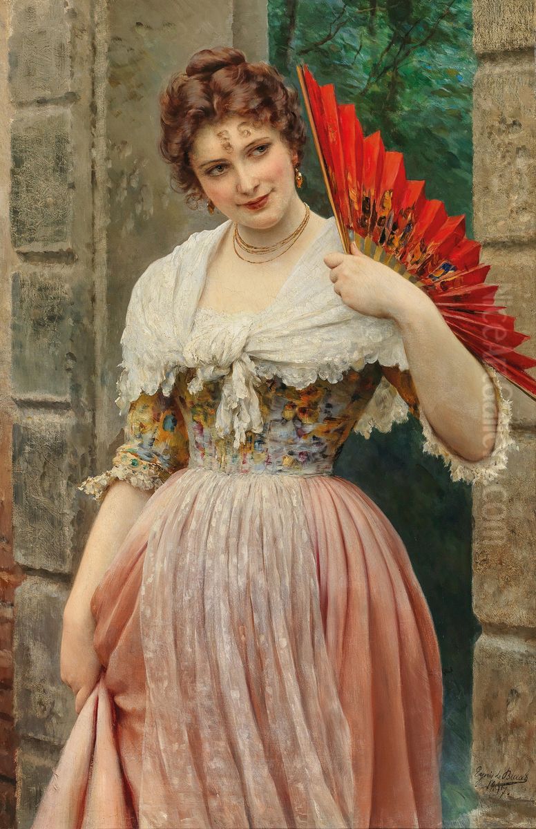Young lady with red fan Oil Painting by Eugene de Blaas