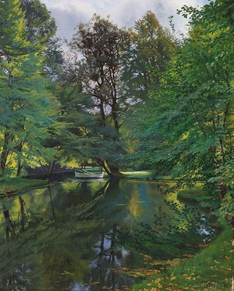 Landscape with a rowboat on a pond. Oil Painting by Hans Julius Faester