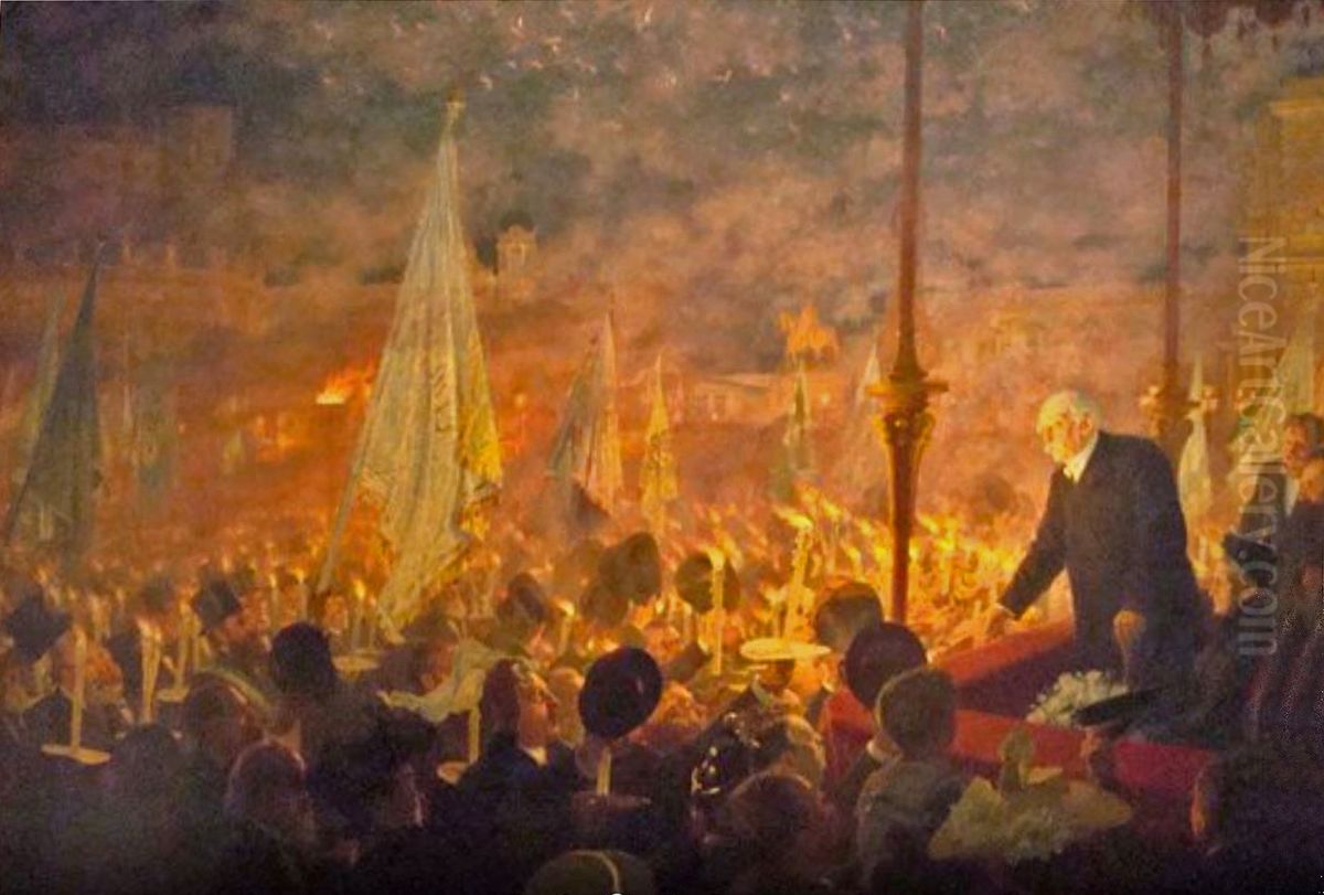 Dresden - Theaterplatz. Furst Bismarck in Dresden am 18. Juni 1892. Huldigung der Burgerschaft Oil Painting by Max Pietschmann