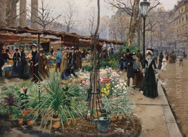 A Flower Market, Paris Oil Painting by Viktor Barvitius
