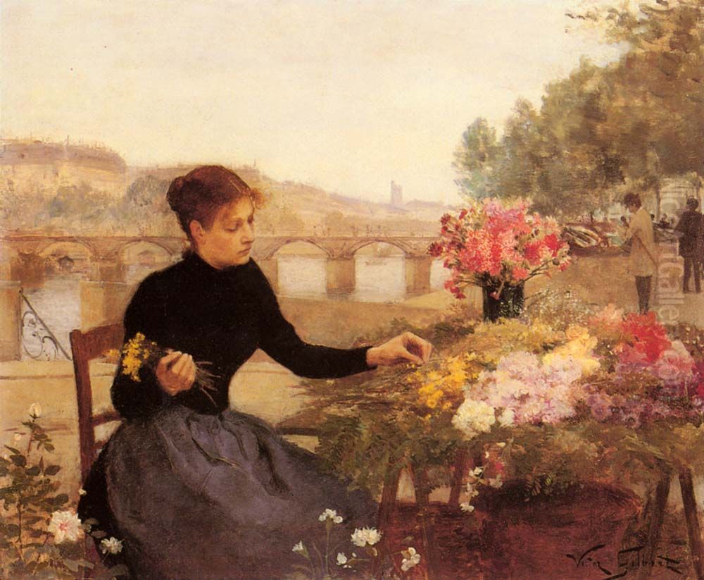 A Parisian Flower Market Oil Painting by Victor Gilbert