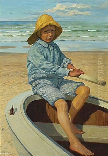 Beach view with a boy in a dinghy. Tannishus, Jutland. Oil Painting by Gustav Adolf Clemens