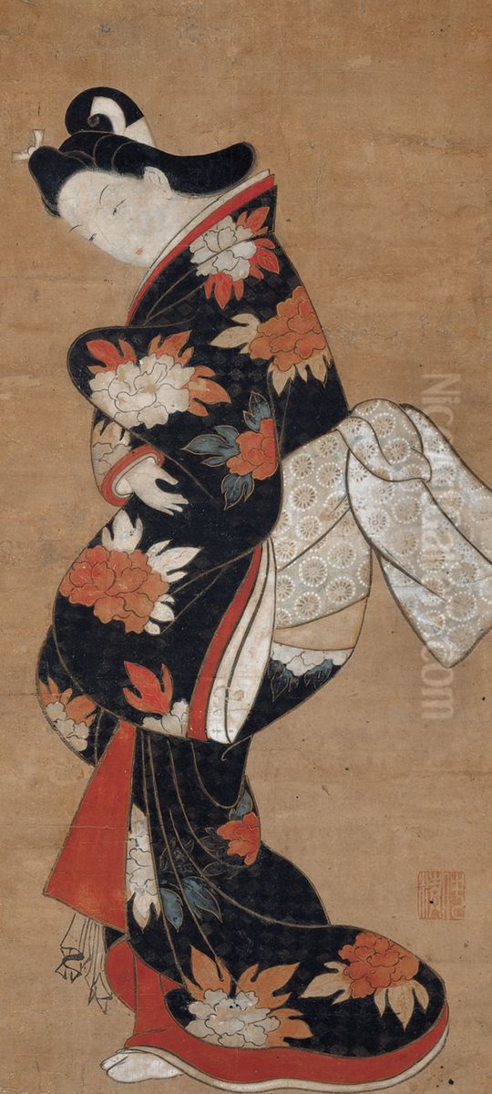 Beauty in a Black Kimono Oil Painting by Torii Kiyonobu