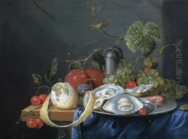 Still life with fruit and oysters on a pewter plate Oil Painting by G. van Deynum