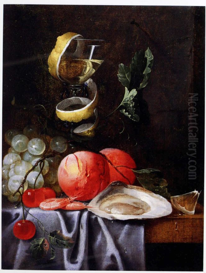 A wine glass and fruits on a table Oil Painting by G. van Deynum
