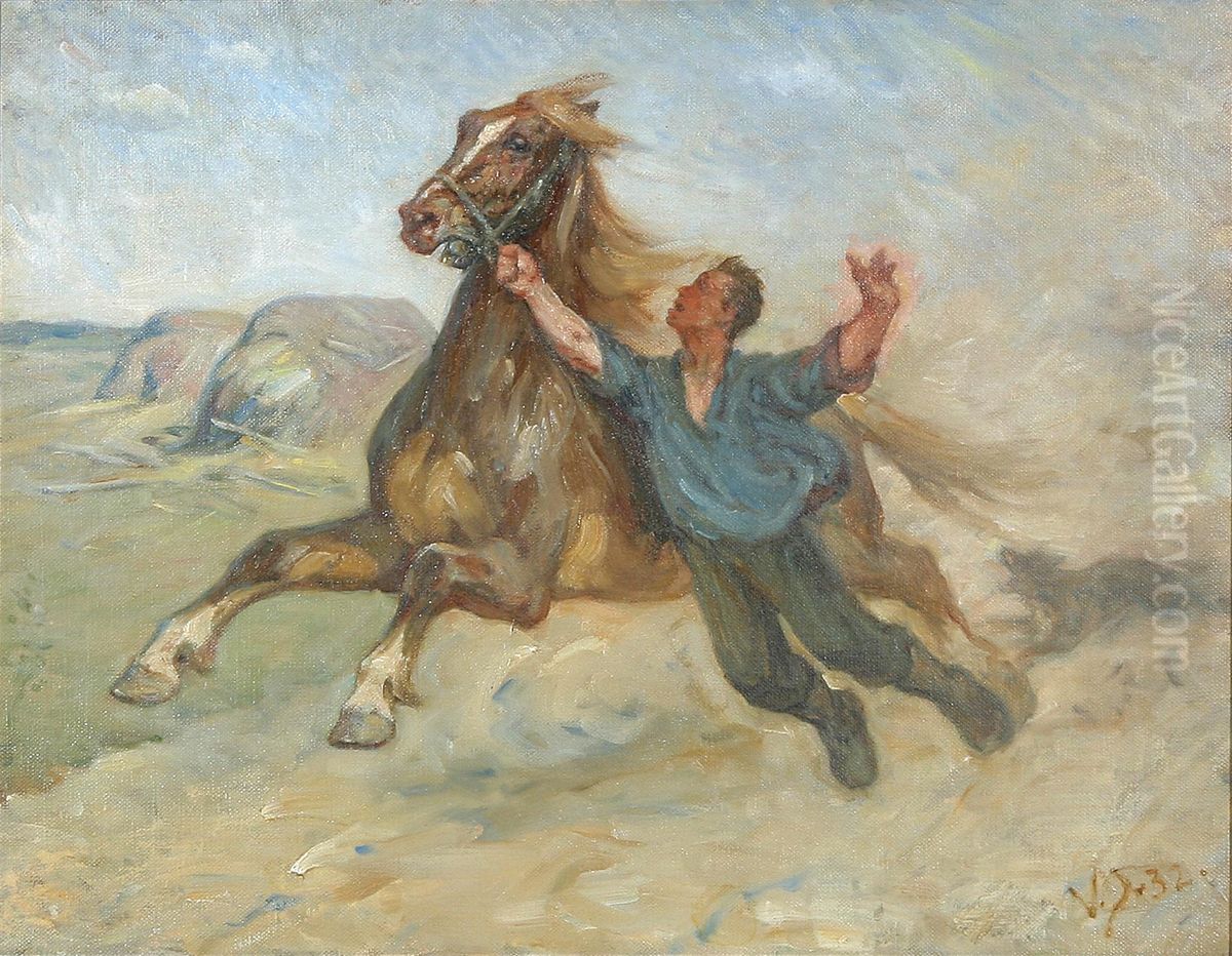 Trying to catch a runaway horse. Oil Painting by Valdemar Irminger Trying to catch a runaway horse. Oil Painting by Valdemar Irminger
