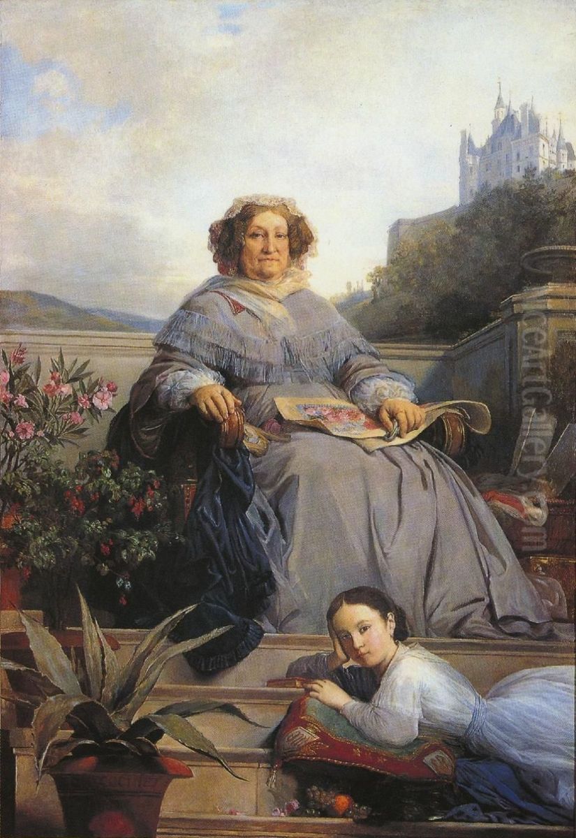 Portrait de la veuve Clicquot, nee Ponsardin et de son arriere petite-fille, Anne de Mortemart Oil Painting by Leon Cogniet