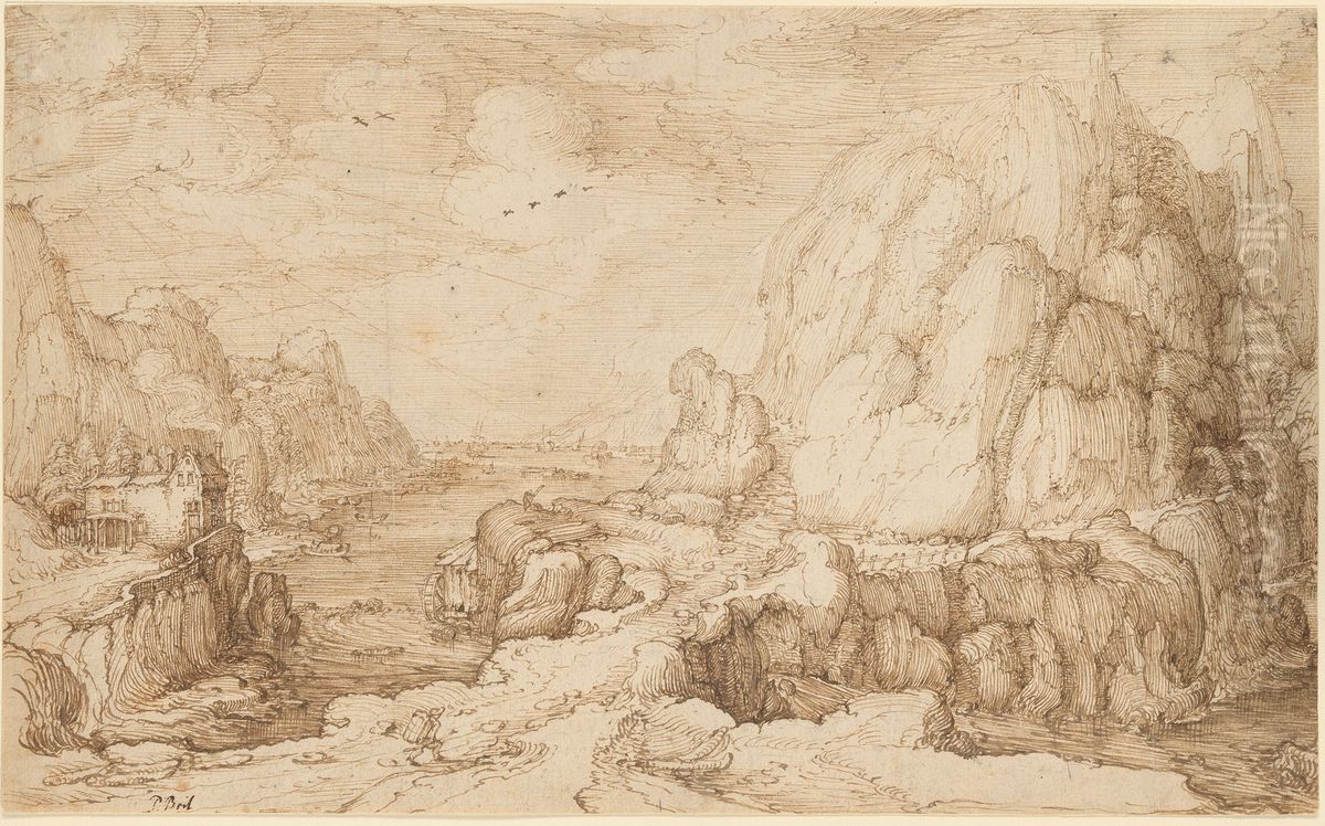 Mountainous Coastal Landscape Oil Painting by Goltzius Hendrick