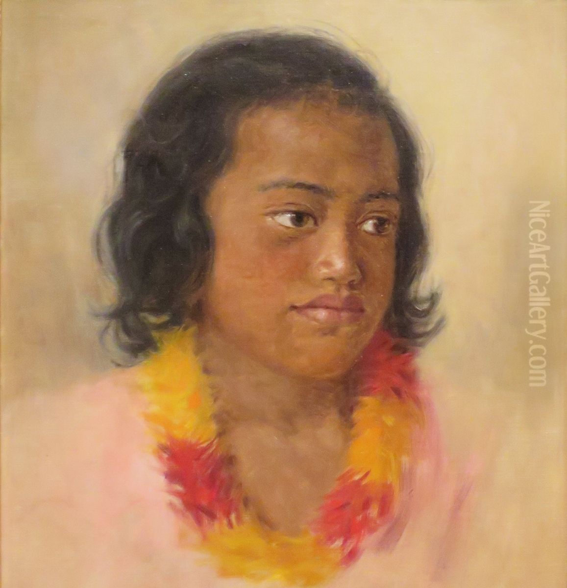 Girl with Feather Lei Oil Painting by Grace Hudson