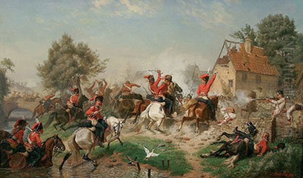 Reiterschlacht vor dem Dorf Oil Painting by Emil Hunten