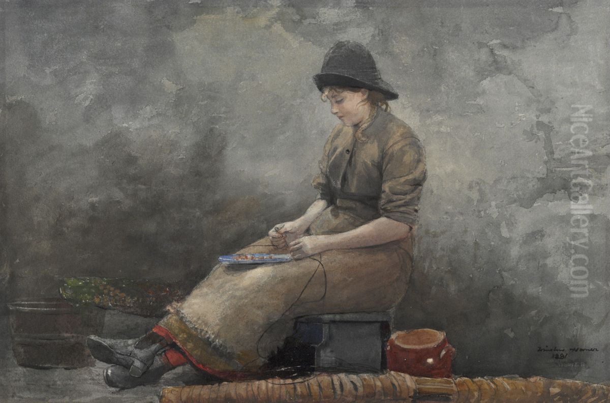 A Fishergirl Baiting Lines Oil Painting by Winslow Homer