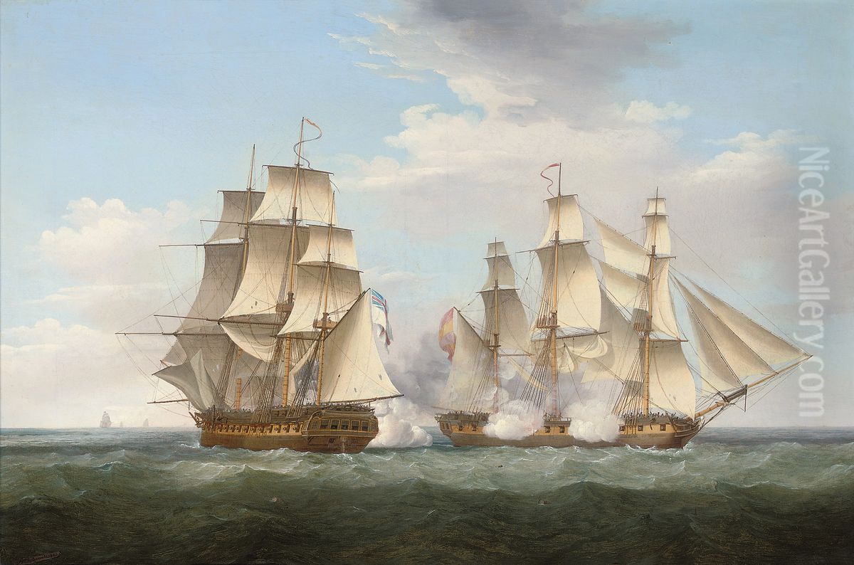 HMSEthalionin action with the Spanish frigateThetisoff Cape Finisterre, 16 October 1799 Oil Painting by Thomas Whitcombe