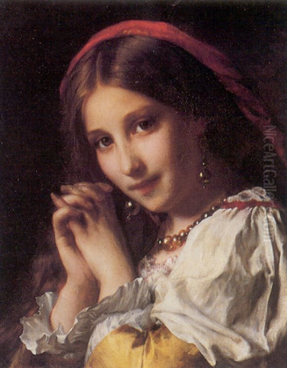 Portrait of a Girl with Red Shawl. Oil Painting by Adolphe Piot