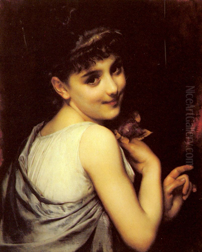 A Young Beauty Holding A Red Rose. Oil Painting by Adolphe Piot