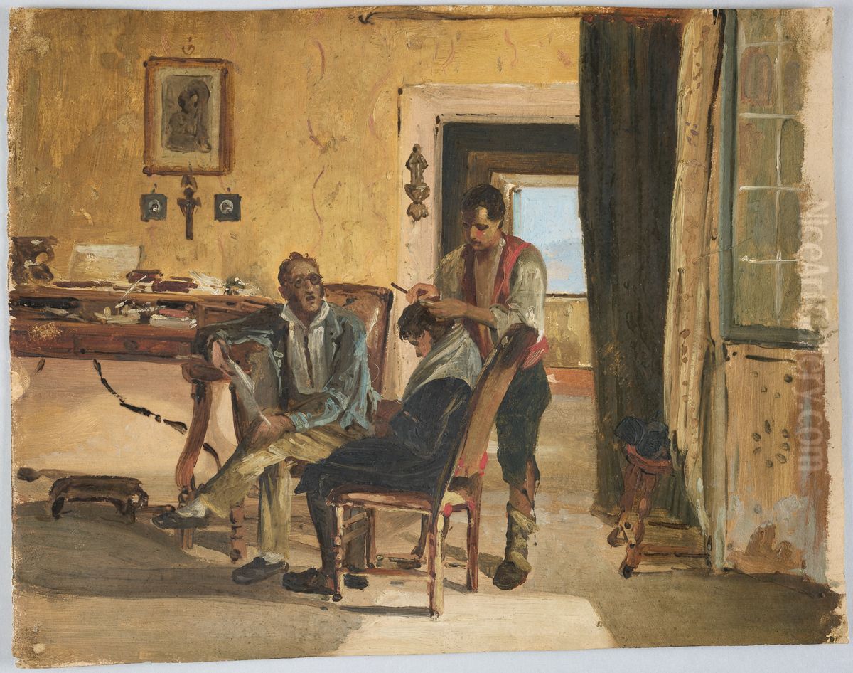 At the barbers Oil Painting by Johann Baptist Kirner