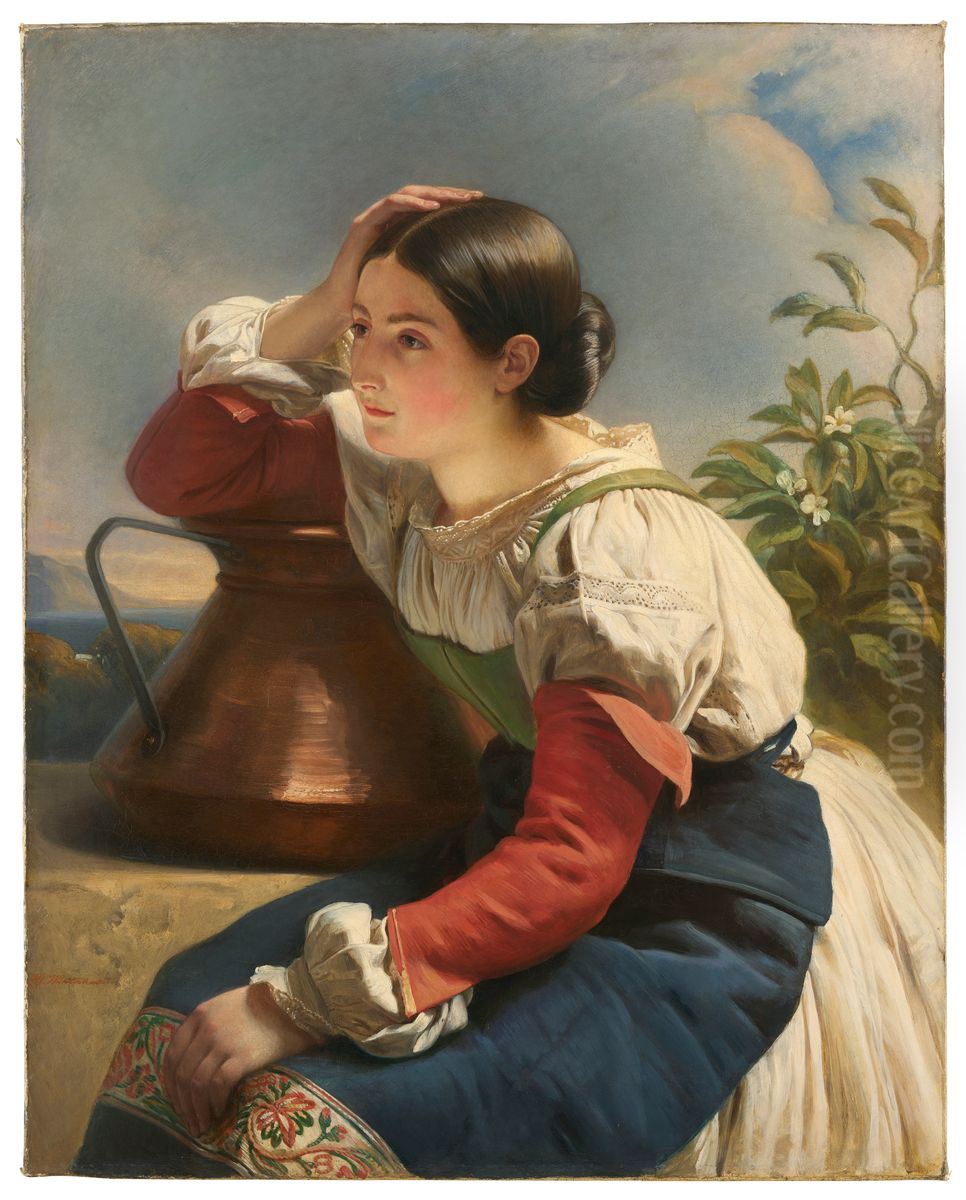 Italian Girl at a Fountain Oil Painting by Hermann Winterhalter