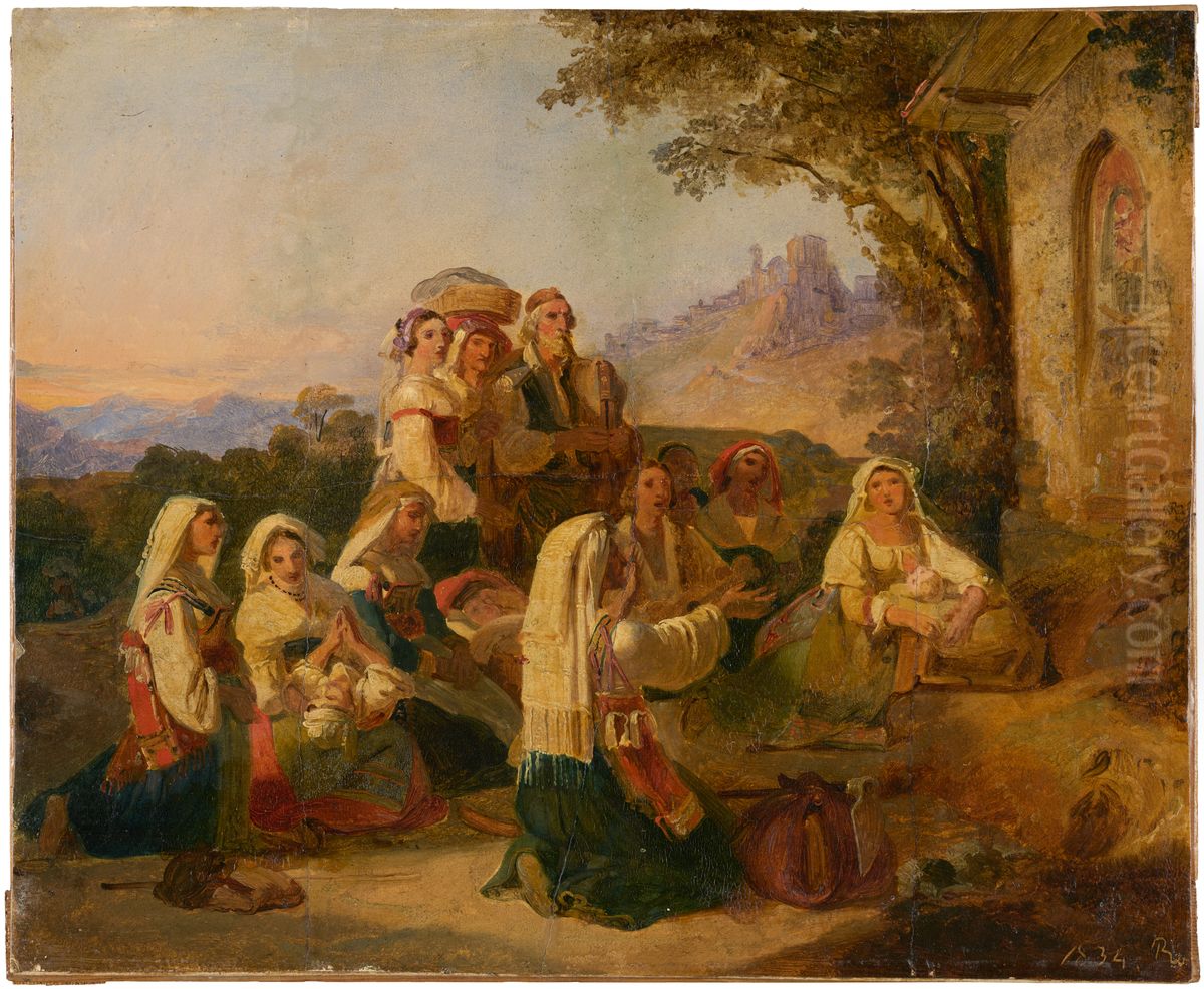 Paysans italiens en priere devant un calvaire non loin de Cervara Oil Painting by Johann Baptist Kirner