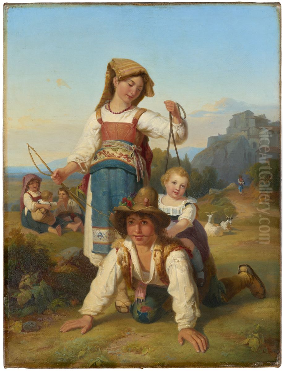 Children at play Oil Painting by Johann Baptist Kirner