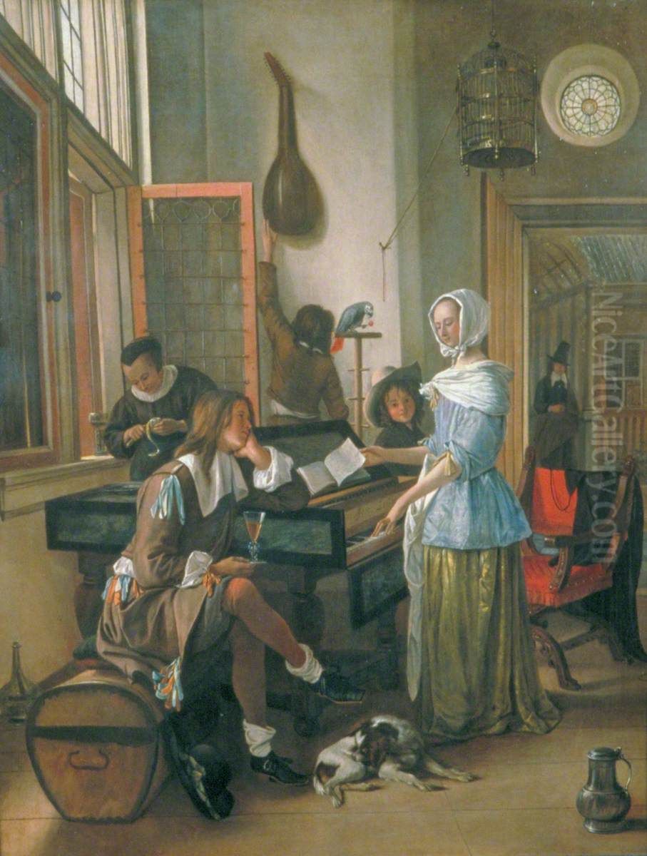 Company with woman playing harpsichord in an interior Oil Painting by Jan Steen
