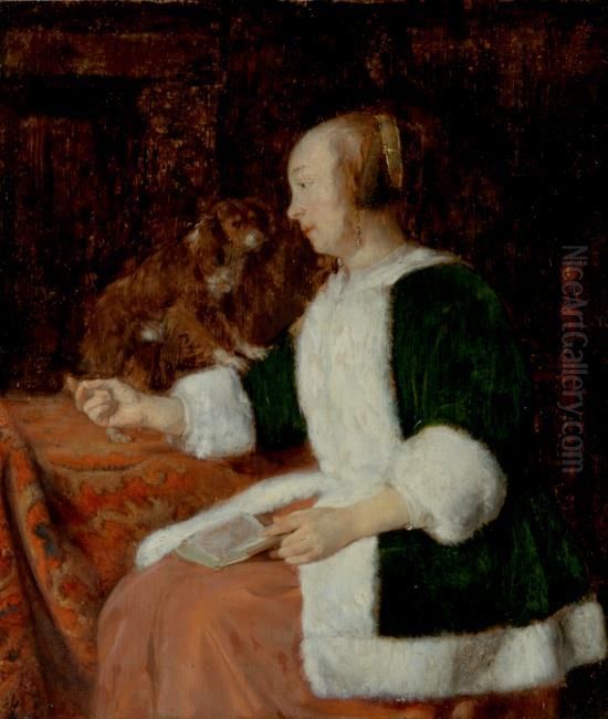Woman with a book on her lap and a dog besides her Oil Painting by Gabriel Metsu