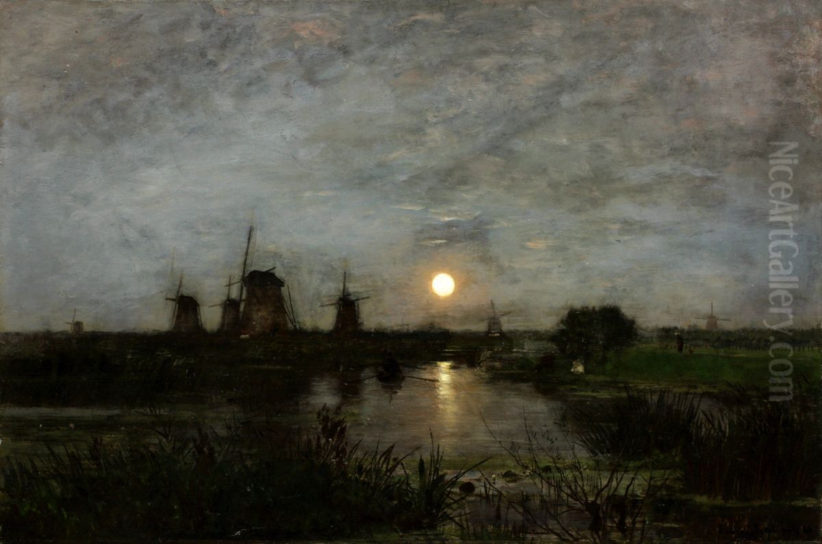 Mondscheinlandschaft mit Windmuhle Oil Painting by Eugen Jettel