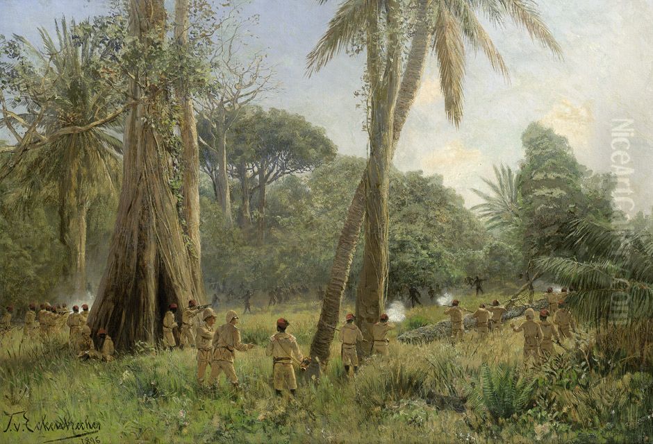 Tropische Landschaft in Deutsch-Ostafrika mit Feuergefecht zwischen den deutschen Kolonialherren mit den Askari und der einheimischen Bevolkerung. Oil Painting by Karl Paul Themistokles von Eckenbrecher