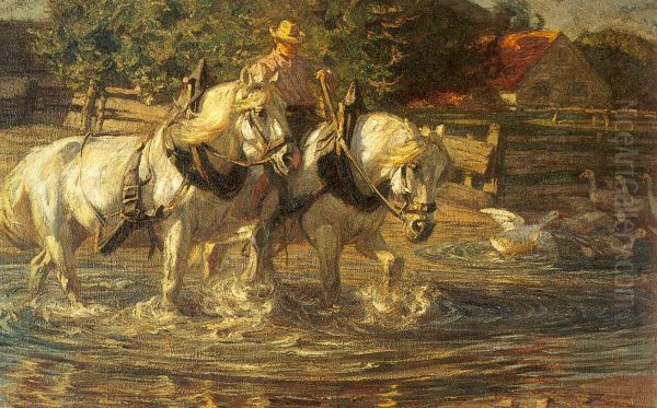 Zwei Schimmel in der Schwemme Oil Painting by Friedrich Eckenfelder