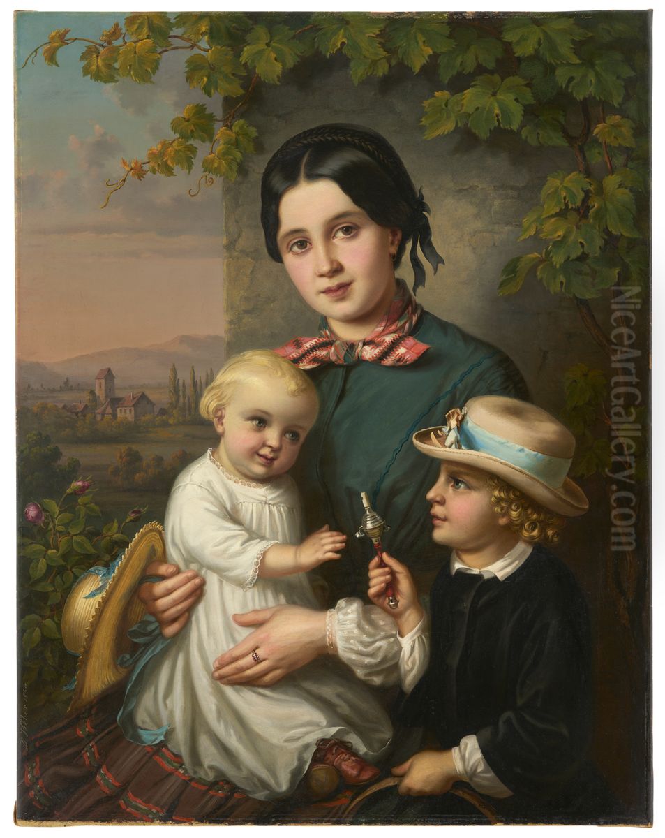 Portrait of a Young Woman with Two Children Oil Painting by Dominik Weber