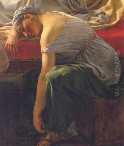 A sleeping woman in antique garment. The wet nurse of Alcyone. Oil Painting by Christoffer Wilhelm Eckersberg