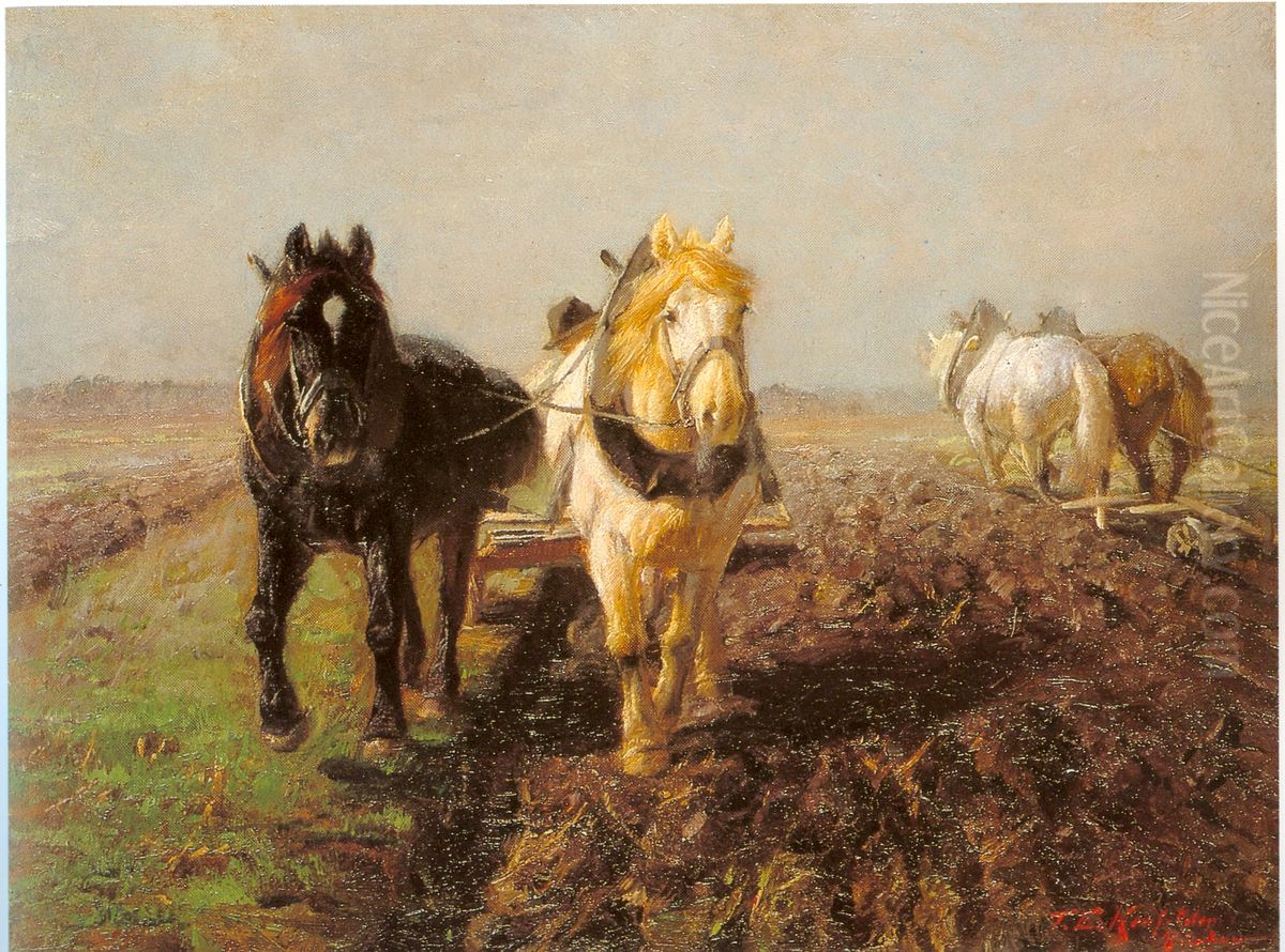 Zwei Pferde am Pflug Oil Painting by Friedrich Eckenfelder