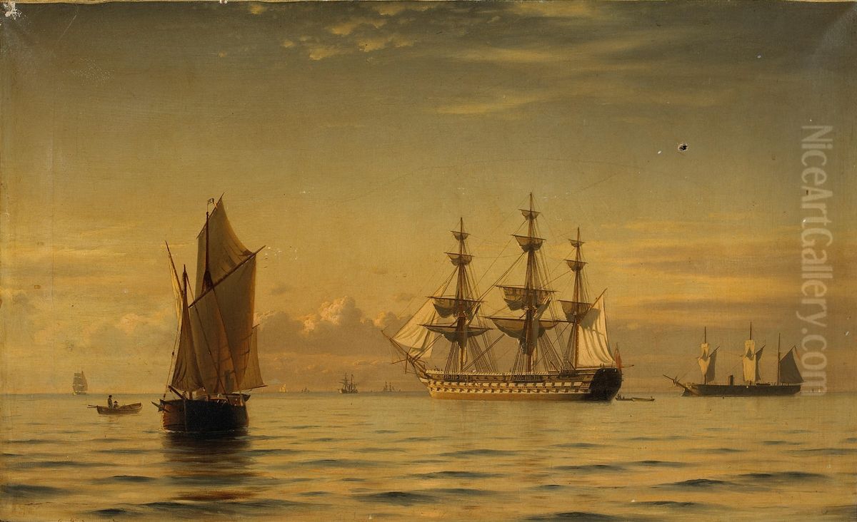 A ship of the line with other shipping on a calm sea . Oil Painting by Christian Eckardt
