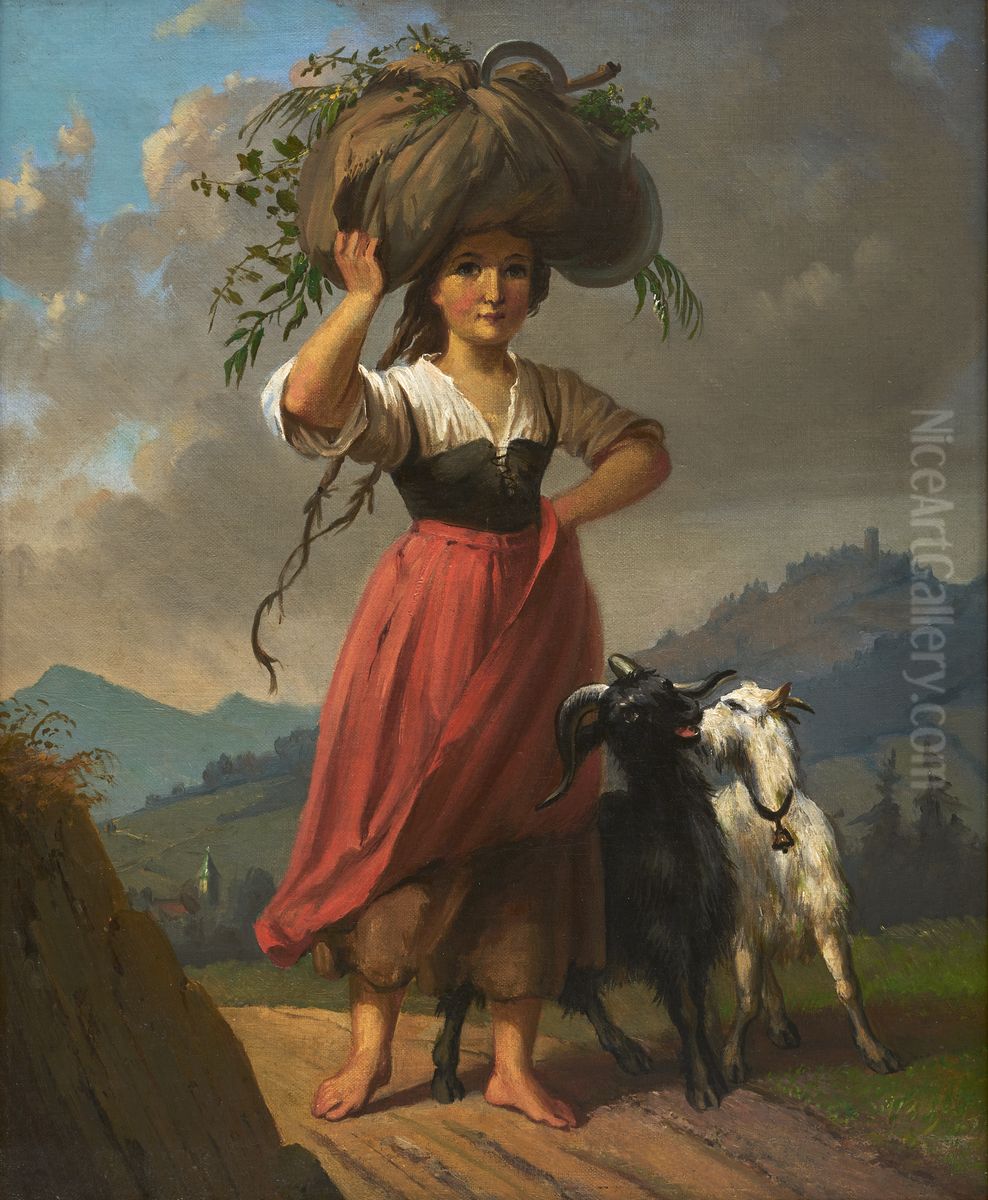 Peasant Girl with Two Goats, Carrying a Bundle of Hay Oil Painting by Dominik Weber