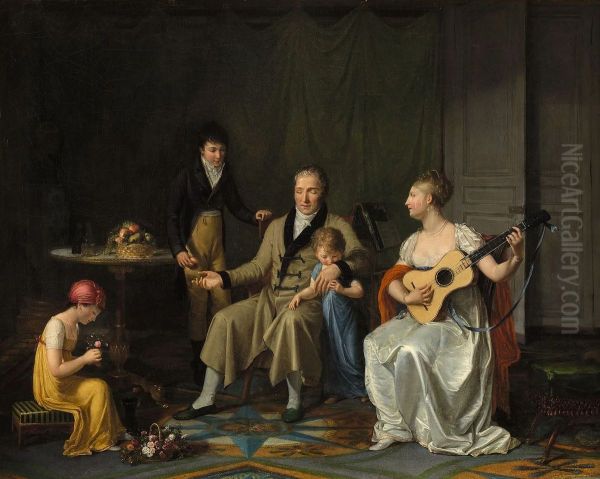Un aveugle entoure de ses enfants est console de la perte de la vue par la jouissance des quatre autres sens Oil Painting by Constance Marie Charpentier