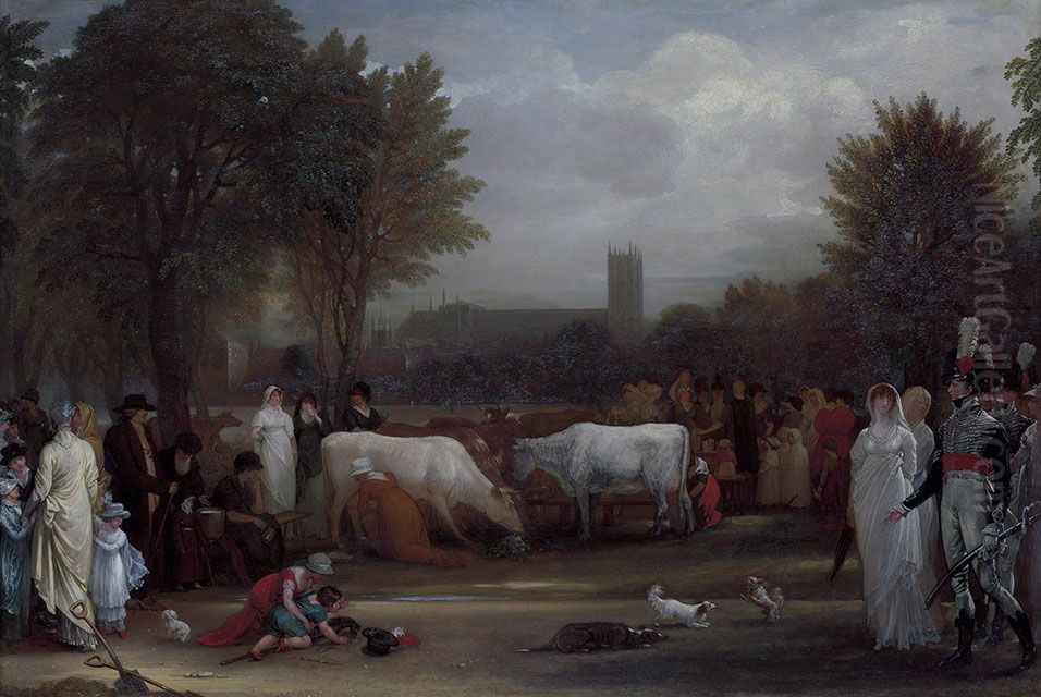 Milkmaids in St. James's Park, Westminster Abbey beyond Oil Painting by Benjamin West