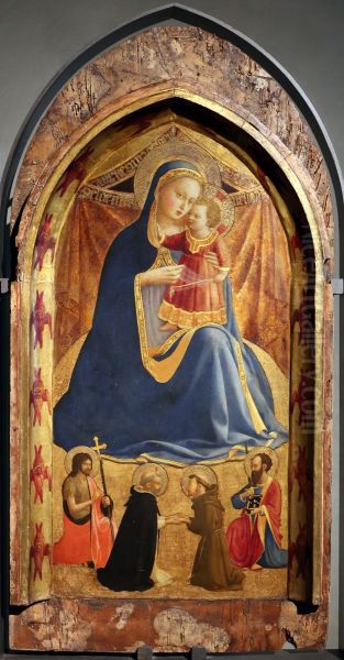 Madonna dell'umilta, i santi Giovanni Battista e Paolo e l'incontro dei santi Domenico e Francesco Oil Painting by Fra Angelico