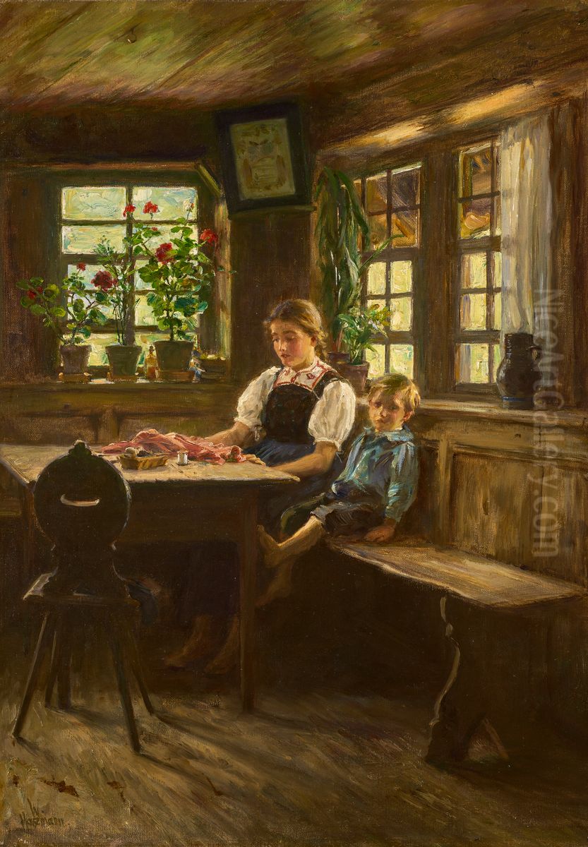 Dans le coin devotionnel de la piece Oil Painting by Wilhelm Hasemann