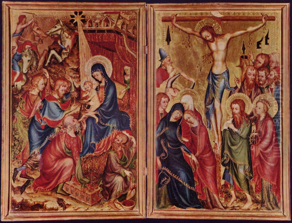 Bargello-Diptychon, linke Szene: Anbetung der Konige, rechte Szene: Kreuzigung Christi Oil Painting by unknown