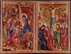 Bargello-Diptychon, linke Szene: Anbetung der Konige, rechte Szene: Kreuzigung Christi