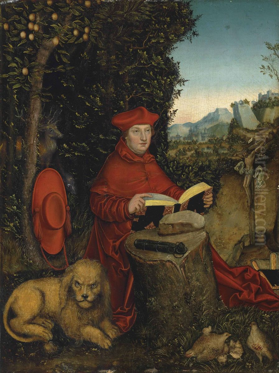 Kardinal Albrecht von Brandenburg als Hl. Hieronymus in einer Landschaft Oil Painting by Lucas Cranach the Elder
