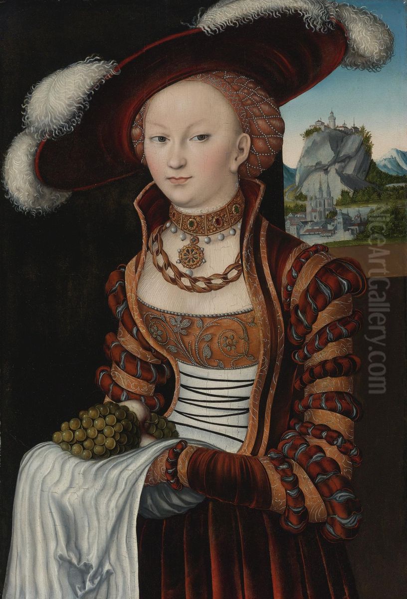 Portrait of a Young Woman Holding Grapes and Apples Oil Painting by Lucas Cranach the Elder