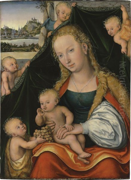 Madonna und Kind mit dem Johannesknaben und Engeln Oil Painting by Lucas The Younger Cranach